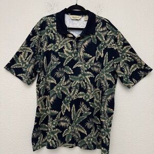 Cooke Street Honolulu Navy Blue Tropical Floral Leaf Print Polo Shirt Size Large